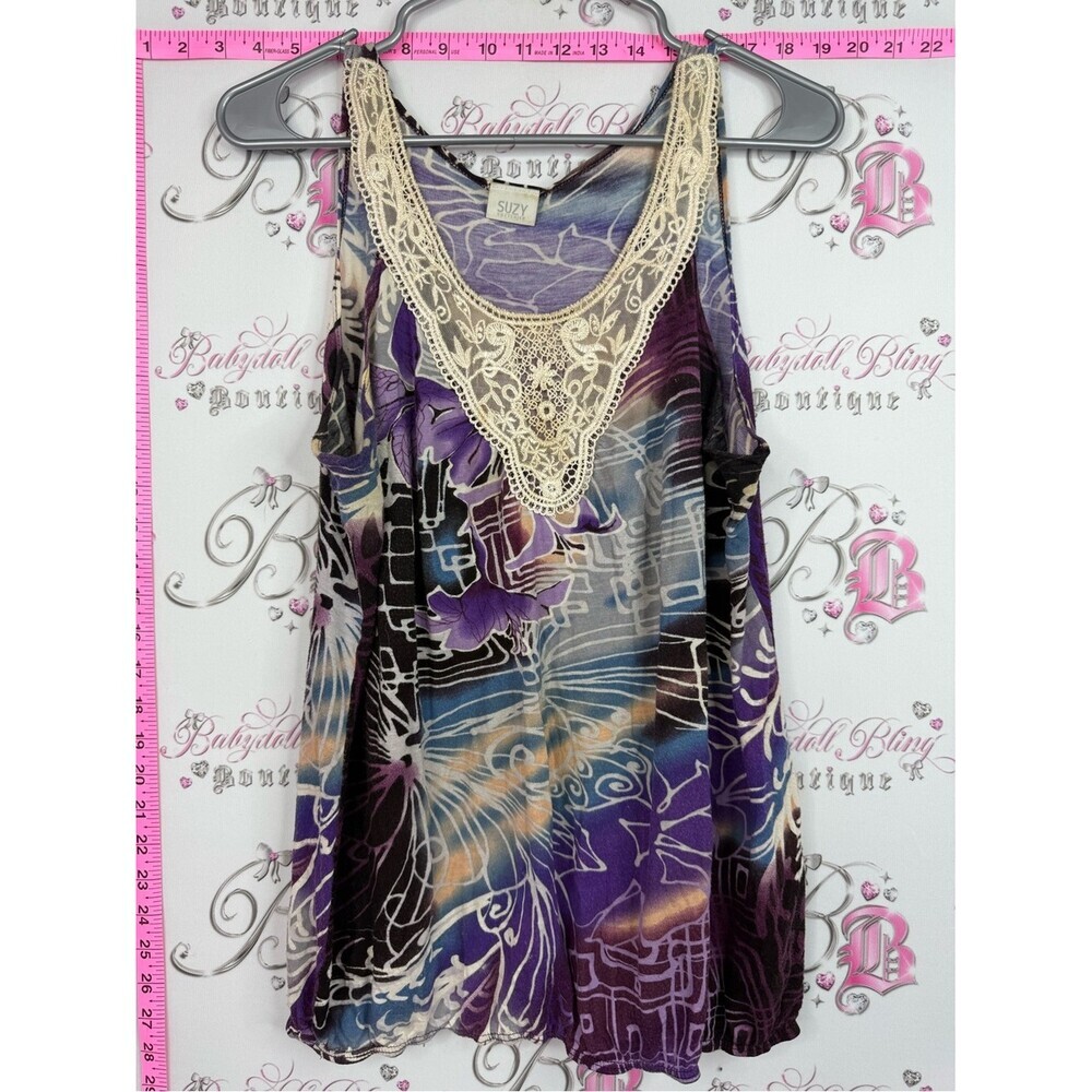 Suzy Shier tank top crochet swirl Purple Floral Lace-Trim Tank Top